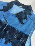 Vintage 90s Denim Vest w/ Black Lace Accents - M/L