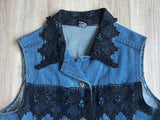 Vintage 90s Denim Vest w/ Black Lace Accents - M/L