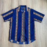 Vintage 90s Wrangler Short Sleeve Pearlsnap Western Shirt Blue Aztec - Large