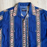 Vintage 90s Wrangler Short Sleeve Pearlsnap Western Shirt Blue Aztec - Large