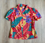 Vintage 80s Womens Fritzi Pink/Peach Floral Hawaiian Button Up Shirt w/ Gathered Shoulder - Sm/Med