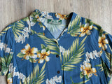 Vintage 90s Two Palms Blue Floral Hawaiian Cropped Button Up Shirt - Made in USA - Sm/Med