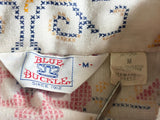 Vintage 70s Blue Buckle Cream Linen/Chambray Button Up Shirt with Floral Embroidery & Western Yoke - Small