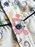 Vintage 70s Blue Buckle Cream Linen/Chambray Button Up Shirt with Floral Embroidery & Western Yoke - Small