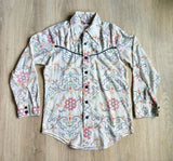 Vintage 70s Blue Buckle Cream Linen/Chambray Button Up Shirt with Floral Embroidery & Western Yoke - Small