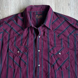 Classic Y2K Ely Cattleman Maroon Striped Long Sleeve Pearl Snap Western Shirt - Large