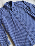 Classic Y2K Ruddock Flying R Ranchwear Blue / Gray Striped Western Pearlsnap Shirt - Size 2X/3X
