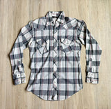 Vintage 80s Plaid BJ-R Western White Gray Black Plaid Long Sleeve Pearl Snap - Small