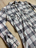 Vintage 80s Plaid BJ-R Western White Gray Black Plaid Long Sleeve Pearl Snap - Small