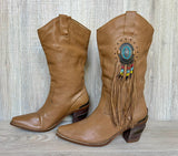 Women's Size 9 Vintage Code West Tall Beige Brown Fringe Cowboy Boots