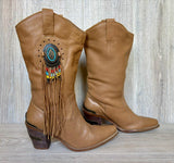 Women's Size 9 Vintage Code West Tall Beige Brown Fringe Cowboy Boots