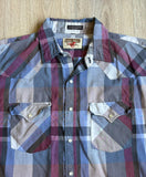 Vintage 80s Youngbloods Maroon / Blue / Grey Plaid Western Pearlsnap Shirt - Med/Lrg