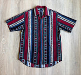 Vintage 90s Wrangler Maroon / Black Aztec Stripe Short Sleeve Western Pearlsnap Shirt - Medium
