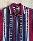 Vintage 90s Wrangler Maroon / Black Aztec Stripe Short Sleeve Western Pearlsnap Shirt - Medium