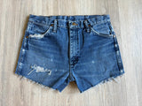 Classic Wrangler 936 Medium Wash Distressed Blue Jean / Denim Cutoff Shorts (31 Waist)